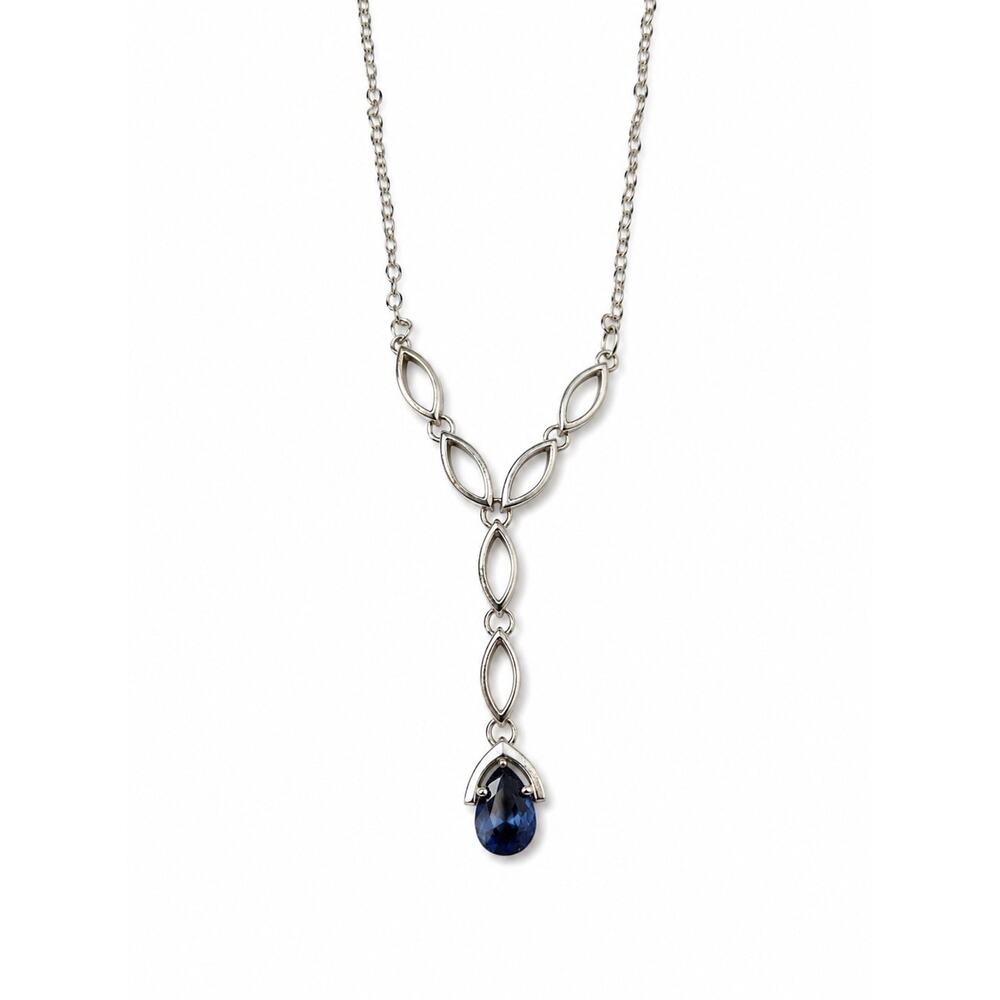 Silver Tone Y Necklace Blue Teardrop Pendant Open Marquise Link Jewelry